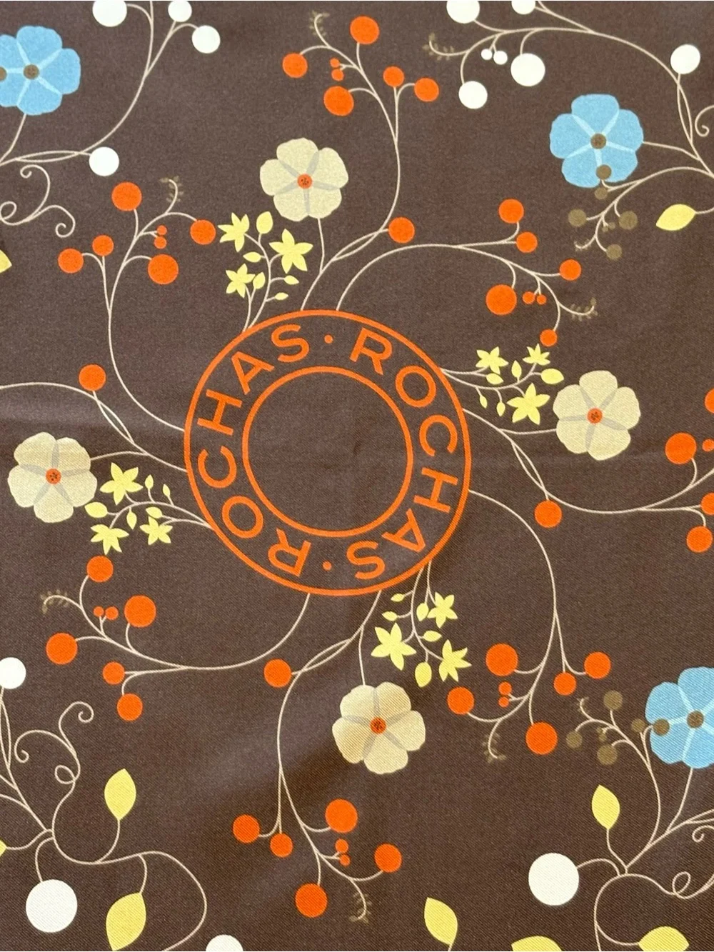 Rochas Brown Floral Silk Scarf with Blue, Orange, Yellow Accents